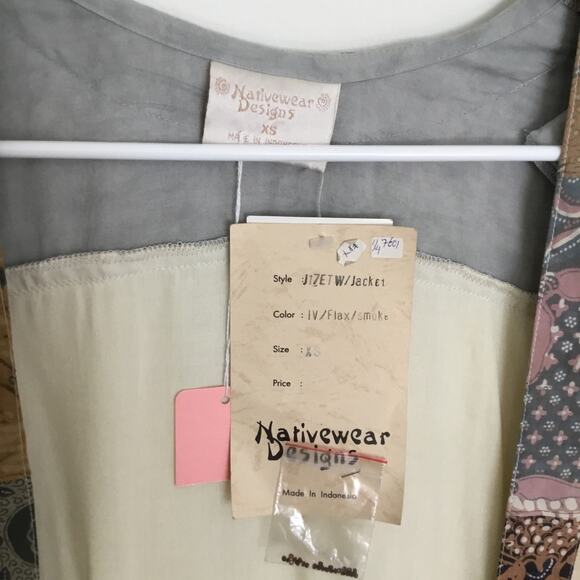 Nativewear Designs Womens Long Kimono Coat XS Cream Gray Beaded Patchy Oversize - Picture 5 of 10